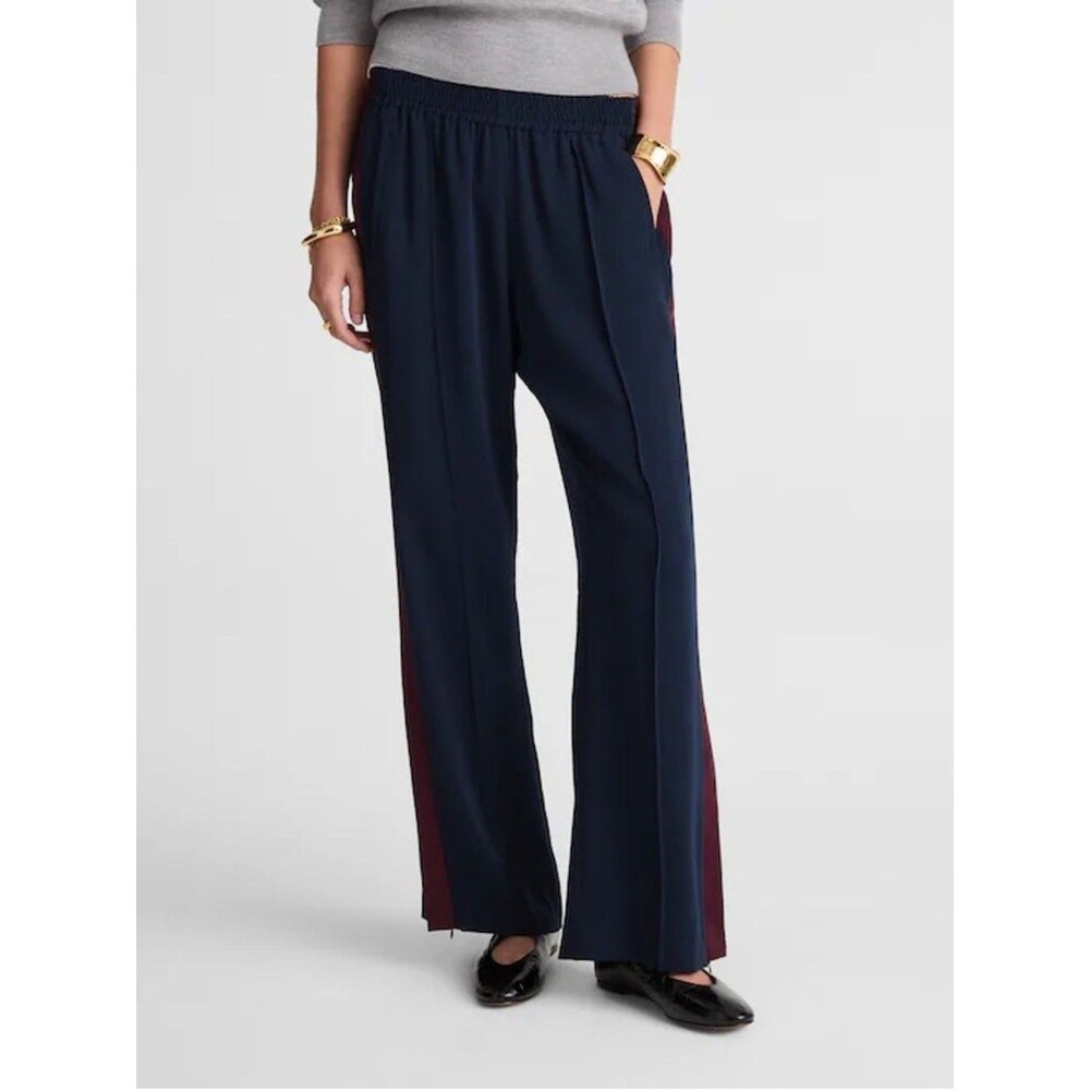 Madewell Pull-On Bootcut Track Pant navy w/ burgundy side stripe Women Sz M NWT